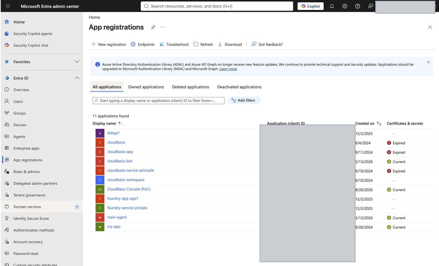 App registrations list