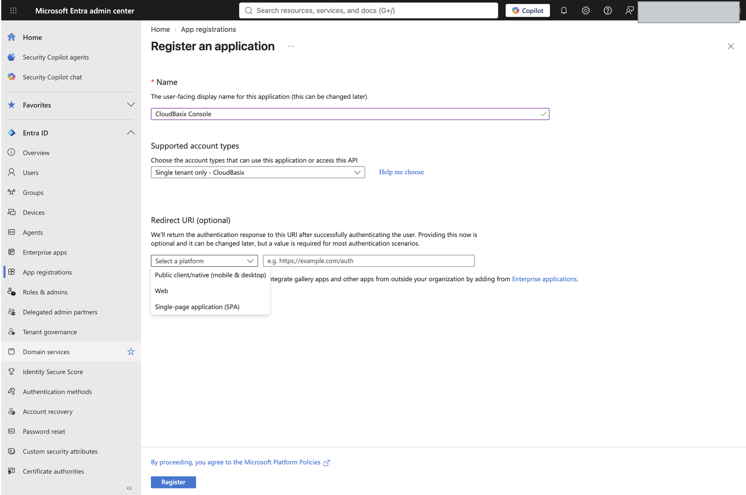 Redirect URI platform dropdown