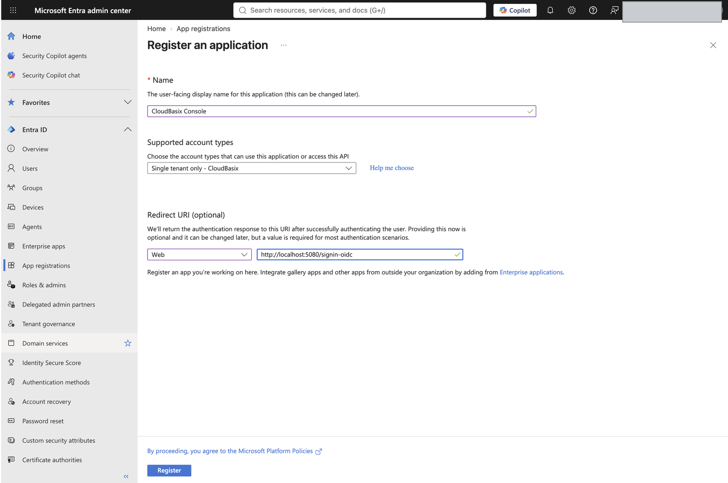Completed registration form