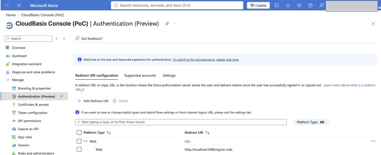 Authentication redirect URI