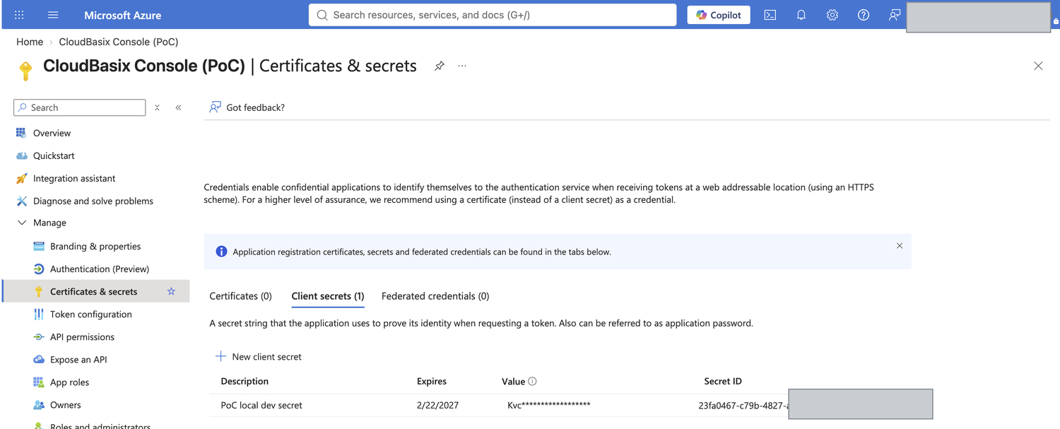Certificates and secrets